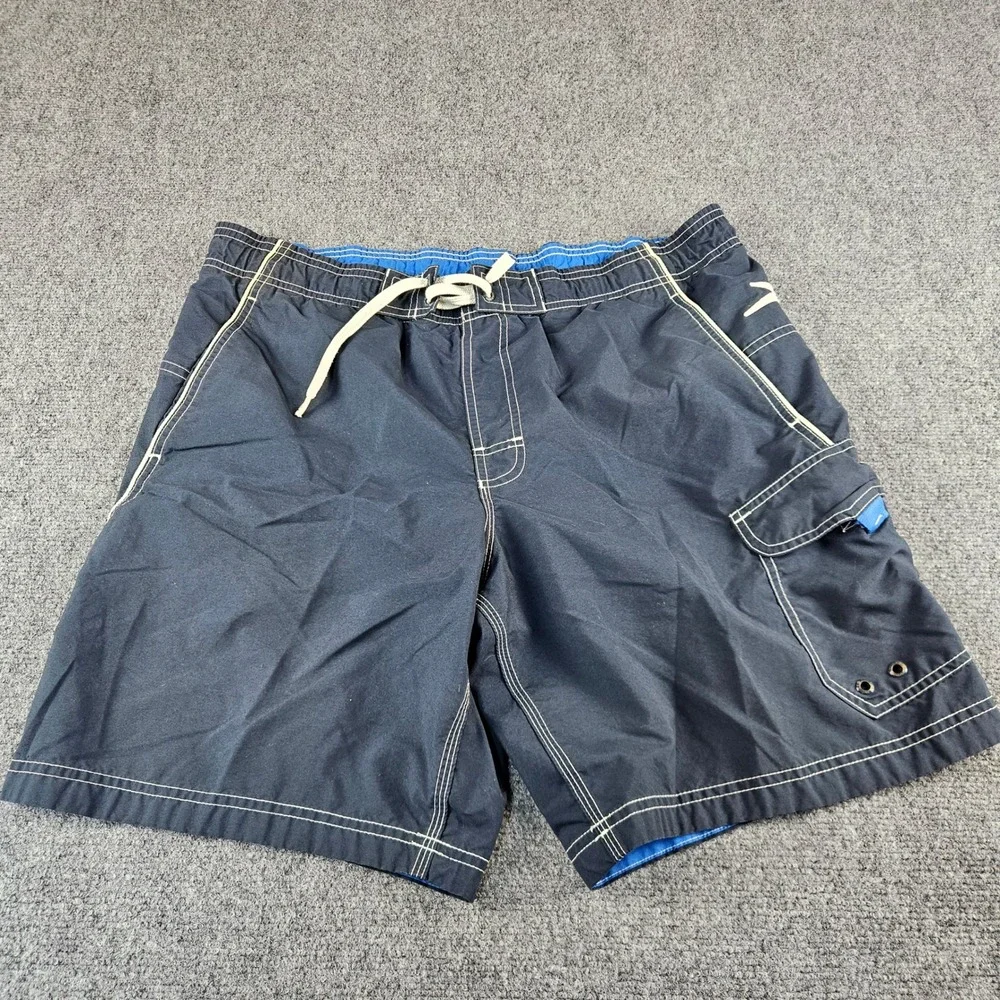 Speedo Mens Navy Blue Board Shorts Swim Trunks Cargo Pocket Mesh Lined 32 Waist